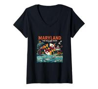 Femme Maryland The Old Line State Chesapeake Bay Icônes de Voyage T-Shirt avec Col en V