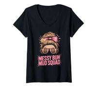 Femme Mascara Amusant Messy Bun Mud Squad Run Mudder Trail Running T-Shirt avec Col en V