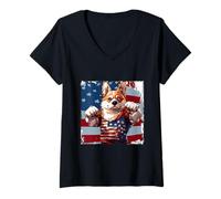 Femme Mascotte de Chien américain Corgi Drapeau USA T-Shirt avec Col en V