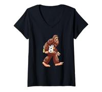 Femme Mashup Cryptid Fortune Chat portant bonheur Bigfoot T-Shirt avec Col en V