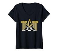 Femme Masonic_Symbol avec "Masonic_pillars sur Checkered_floor" T-Shirt avec Col en V