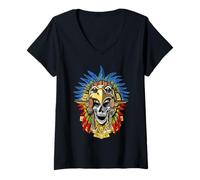 Femme Masque de Guerrier crâne Aztèque Civilisation Mythologie T-Shirt avec Col en V
