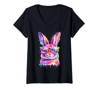 Femme Masque de Lapin avec Lunettes Tie Dye Happy Easter Day Holiday T-Shirt avec Col en V