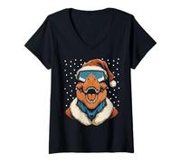 Femme Masque de Ski T-Rex avec Bonnet de Père Noël Dinosaure d'hiver T-Shirt avec Col en V