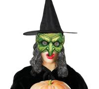 Femme Masque et Chapeau de Sorcière avec Cheveux Longs Masque de Sorcière Demi-Visage EVA Chapeau de Sorcier Magique Couvre-Visage d'Halloween Réaliste Accessoires pour Déguisement Cosplay Carnaval