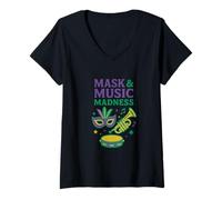 Femme Masque et Musique Madness Mardi Gras Celebration Design T-Shirt avec Col en V