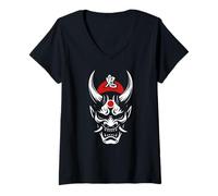 Femme Masque Japonais Oni Demon Kanji Halloween Homme Femme T-Shirt avec Col en V