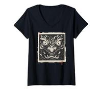 Femme Masque Japonais Oni Yokai avec Impression sur Bois Vintage T-Shirt avec Col en V