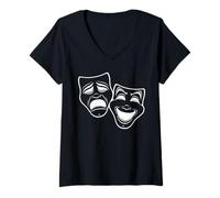 Femme Masques de théâtre comédie et tragédie inversés en noir et blanc T-Shirt avec Col en V