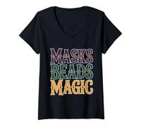 Femme Masques Perles Magic Mardi Gras Carnaval Fun Design T-Shirt avec Col en V
