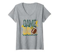 Femme Match Day Football Season Retro Green Gold Checker Touchdown T-Shirt avec Col en V