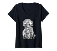 Femme Mater Dolorosa Notre-Dame des Douleurs Vierge Marie Catholique T-Shirt avec Col en V
