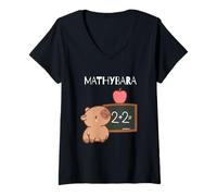 Femme Mathybara Capybara avec tableau noir mathématique animal d'école mignon T-Shirt avec Col en V