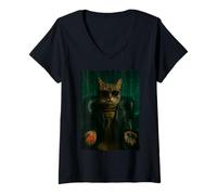 Femme Matrix Chat - Pilule Rouge, Pilule Bleue T-Shirt avec Col en V