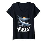 Femme Maui Hawaii Souvenir d'observation des Baleines à Bosse Noir T-Shirt avec Col en V