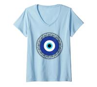 Femme Mauvais œil grec dans un cercle de clés grecques Clé grecque autour du mauvais œil T-Shirt avec Col en V
