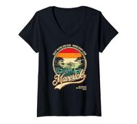 Femme Mavericks Half Moon Bay Surf Rétro Coucher de Soleil T-Shirt avec Col en V
