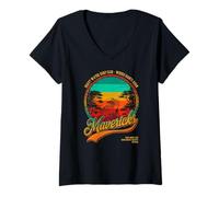 Femme Mavericks Half Moon Bay Surf Rétro Coucher de Soleil T-Shirt avec Col en V