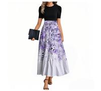 Femme Maxi Dress Cintrée de Plage Volants Fleurie Col Rond Elegant Soiree Pourpre Clair D'été de Soiree Manche Courte Robe Boheme Chic Mes Commandes Chic Robe Chemise Longue Femme Pourpre Clair L