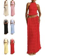 Femme Maxi Jupe Deux Pièces Été Dos Nu Dos Nu Dos Nu Haut de Plage Jupe Longue Ensemble Femme Y2k 2 Pièces Robes, rouge x, M