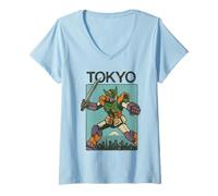 Femme Mecha Robot Fighting Pose Boys Poster Japonais Vintage Tokyo T-Shirt avec Col en V