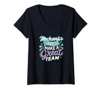 Femme Mechanics and I Make a Great Team Rétro Vintage Esthétique T-Shirt avec Col en V
