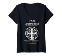 Femme Médaille de Saint Benoît Latin Prière Pax Croix Chrétienne T-Shirt avec Col en V