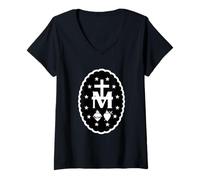 Femme Médaille miraculeuse Croix sacré cœurs Douze étoiles T-Shirt avec Col en V