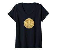 Femme Médaille Saint Benoît Protection Pendentif Catholique Saint Benoît T-Shirt avec Col en V