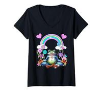 Femme Méditation Joga Rétro années 60 Grenouille Arc-en-Ciel Om T-Shirt avec Col en V