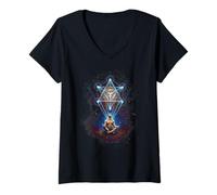 Femme Méditation Yoga Metatrons Cube Illustration Cosmique T-Shirt avec Col en V