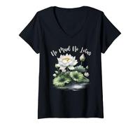 Femme Méditation Zen Amoureux de Yoga Pas de Boue, Pas de Lotus Mindfulness T-Shirt avec Col en V