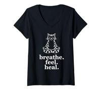 Femme Méditer la Respiration des Chats se Sentir guérir la T-Shirt avec Col en V