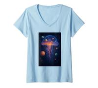 Femme Méduse Cosmique avec planètes - Œuvre d'art surréaliste de l'océan T-Shirt avec Col en V