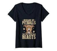 Femme Méfiez-vous des pitbulls ils voleront vos cœurs T-Shirt avec Col en V
