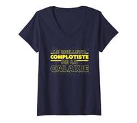 Femme Meilleur Complotiste De La Galaxie | Humour Complot T-Shirt avec Col en V, Bleu Marine, XL