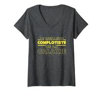 Femme Meilleur Complotiste De La Galaxie | Humour Complot T-Shirt avec Col en V, Chiné Foncé, XL