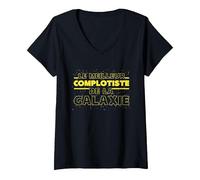 Femme Meilleur Complotiste De La Galaxie | Humour Complot T-Shirt avec Col en V, Noir, XL