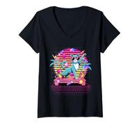 Femme Mélangeur de Musique rétro Synthwave Cat DJ années 80 T-Shirt avec Col en V