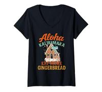 Femme Mele Kalikimaka Eat More Gingerbread Hawaii Xmas Vibrations T-Shirt avec Col en V