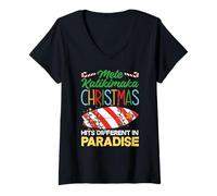 Femme Mele Kalikimaka Guirlande Lumineuse hawaïenne pour Sapin de Noël T-Shirt avec Col en V