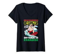 Femme Mele Kalikimaka Guirlande Lumineuse hawaïenne pour Sapin de Noël T-Shirt avec Col en V