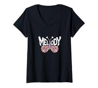 Femme Melody Butterfly - Word Art personnalisé avec nom Mignon T-Shirt avec Col en V