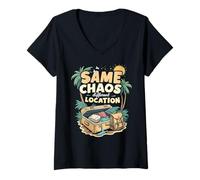Femme Même chaos, lieu différent Humour Voyage T-Shirt avec Col en V