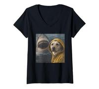 Femme Meme d'attaque de Requin et Chien Labrador drôle, Vintage T-Shirt avec Col en V