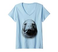 Femme Meme drôle de Lamantin fumant Une Cigarette et Un Animal Marin T-Shirt avec Col en V