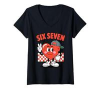 Femme Mème en Forme de cœur de Dessin animé Six Seven Cute 67 pour la Saint-Valentin T-Shirt avec Col en V