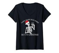 Femme Meme Squelette « When You're Dead Inside But It's Christmas » T-Shirt avec Col en V