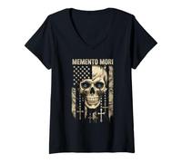 Femme Memento Mori Chapelet catholique drapeau américain crâne T-Shirt avec Col en V