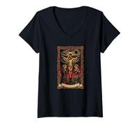 Femme Memento Mori Crucifix catholique Messe Latine Traditionnelle T-Shirt avec Col en V